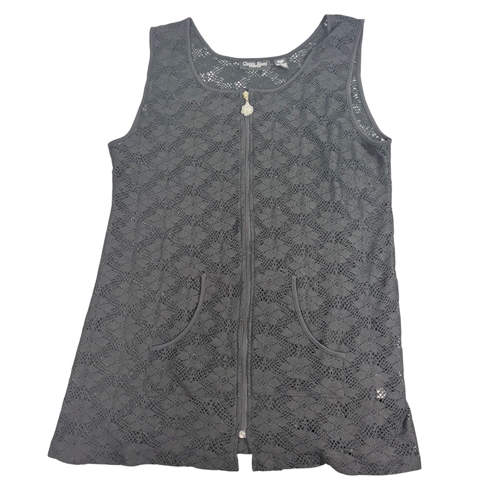 Classic Blues Swimwear Black Crochet Lace Zip Front Cover Up Vest Plus Size 1X